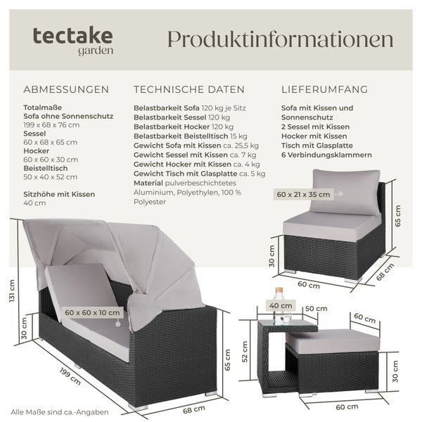 Rattan Lounge tectake San Marino mit Sicherheitsglasplatte, variabel aufstellbar mit Aluminiumgestell schwarz
