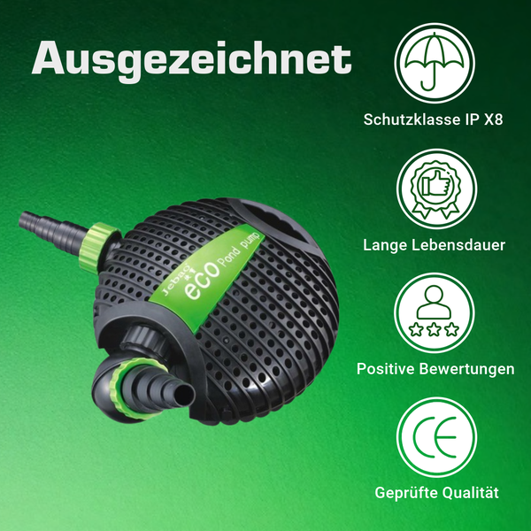 Jebao Eco Teichpumpe mit Schutzklasse IP X8, langer Lebensdauer, positiven Bewertungen und CE-geprüfter Qualität.