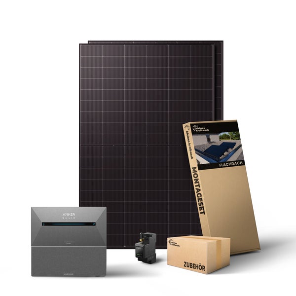 Balkonkraftwerk Set mit zwei Solarmodulen, Anker Solix Solarbank Speicher, Flachdach-Montageset und Zubehör von Kleines Kraftwerk.