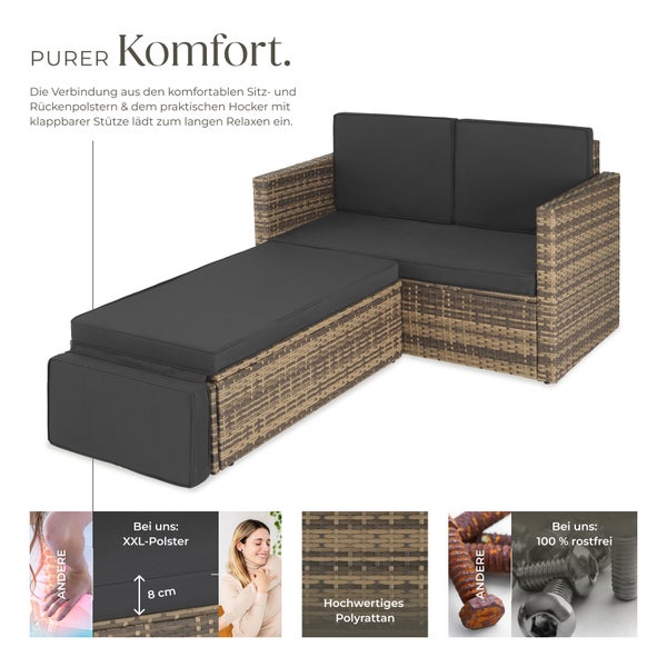 Rattan Lounge tectake Korfu Hocker mit klappbarer Stütze 2-Sitzer natur