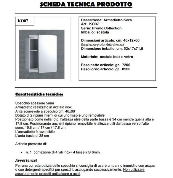 Technisches Datenblatt für den Badezimmer-Spiegelschrank Kora aus Edelstahl mit Schiebetür und Maßangaben.