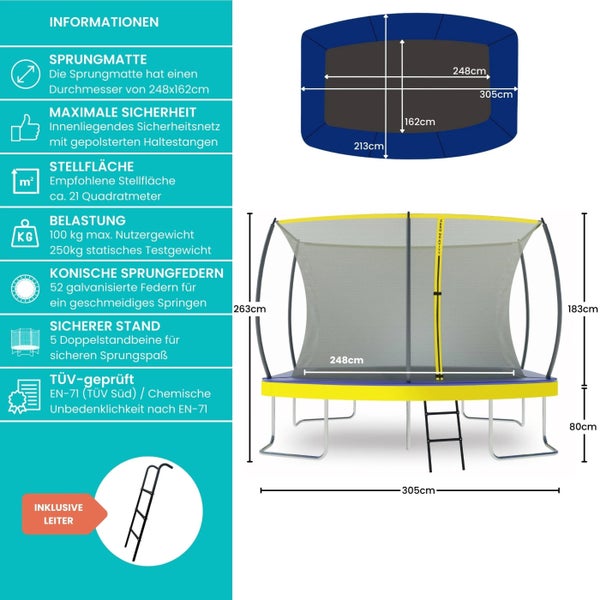 Trampolin mit Sicherheitsnetz und Leiter, Abmessungen