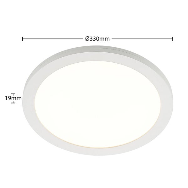 Weiße runde LED-Deckenleuchte mit einem Durchmesser von 330 Millimeter und einer Höhe von 19 Millimeter.