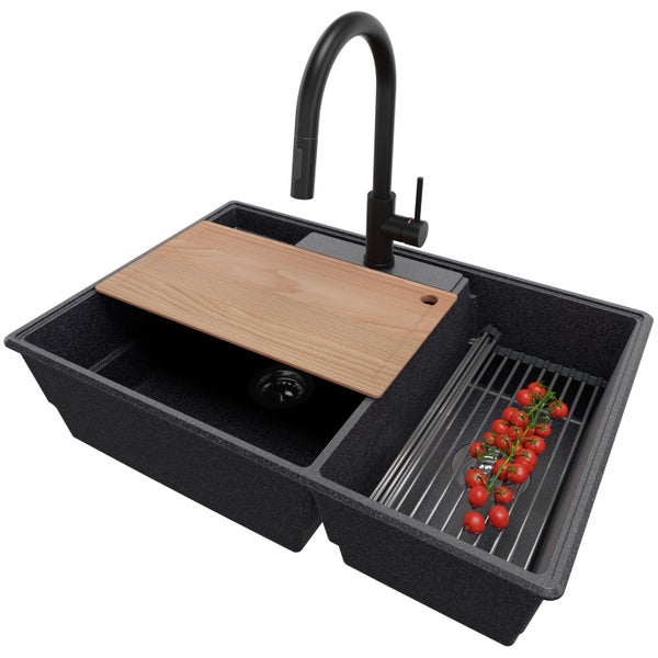 PRIMAGRAN Granitspüle Anthrazit 78x53cm, Spülbecken 2 Becken + Küchenarmatur 40x20cm + Ablauf-Set + Küchenzubehörset, Küchenspüle ab 80er Unterschrank - Paris