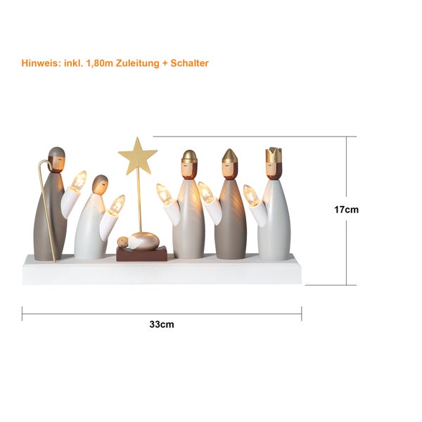 Holz Krippe mit LED Beleuchtung, Abmessungen 33 mal 17 Zentimeter