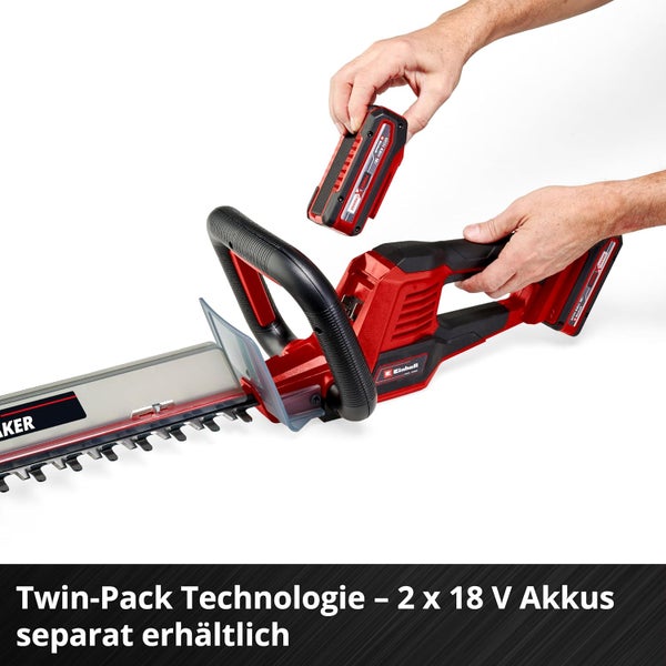 Einhell Akku Heckenschere mit Twin Pack Technologie wird mit zwei 18 Volt Akkus betrieben die separat erhältlich sind