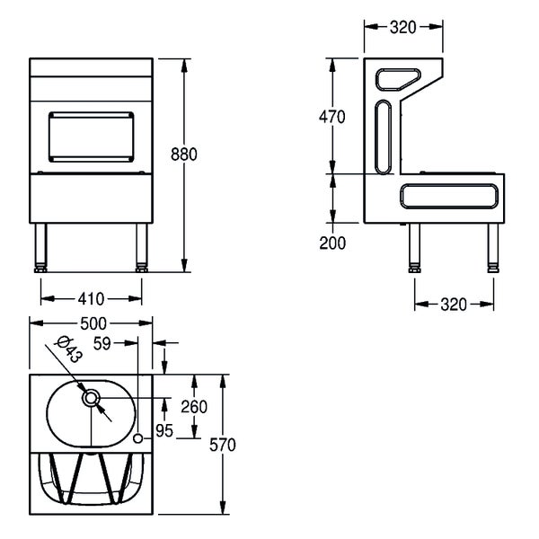 Technische Zeichnung eines Ausgussbeckens mit Abmessungen in Millimetern: Gesamthöhe 880, Breite 500, Tiefe 570.