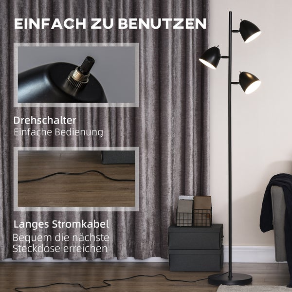 Stehlampe mit drei Lampenschirmen, Drehschalter und langem Stromkabel