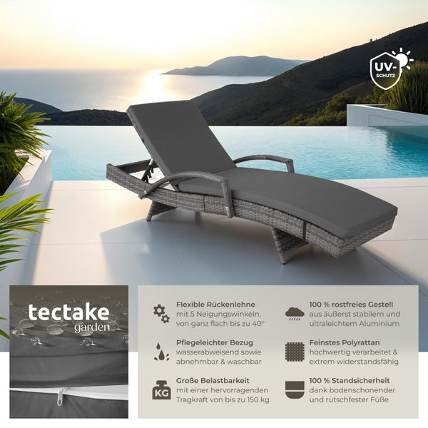 Rattan Sonnenliege tectake Océane 190 x 71 x 34 – 74,5 cm mit Aluminiumgestell grau