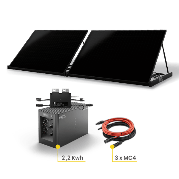 Aufgeständerte Solaranlage mit 2,2 Kilowatt Leistung und drei MC4-Steckverbindern