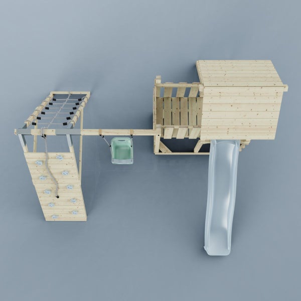 Draufsicht eines Spielplatzes mit Rutsche, Kletterwand, Kletternetz und Schaukel