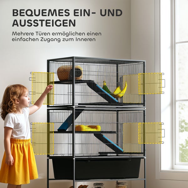 PawHut Kleintierkäfig, Nagerkäfig Frettchenkäfig mit ausziehbarem Tablett Mäusekäfig mit Rampen, Hängematte, Rollen, Ablage, Käfig mit Zubehör für Eichhörnchen, Zwerghamster, Chinchilla Dunkelgrau
