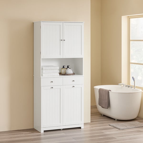 Weißer Badezimmerschrank mit Türen, Schubladen und offenem Regal