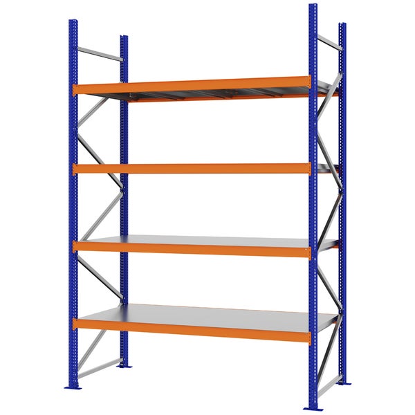 Schwerlastregal mit blauem Rahmen, orangefarbenen Traversen und vier Fachböden aus Stahl.