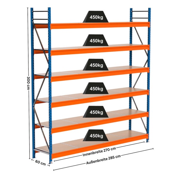 Blaues und oranges Schwerlastregal mit sechs Regalböden und einer Traglast von 450 Kilogramm pro Regalboden.