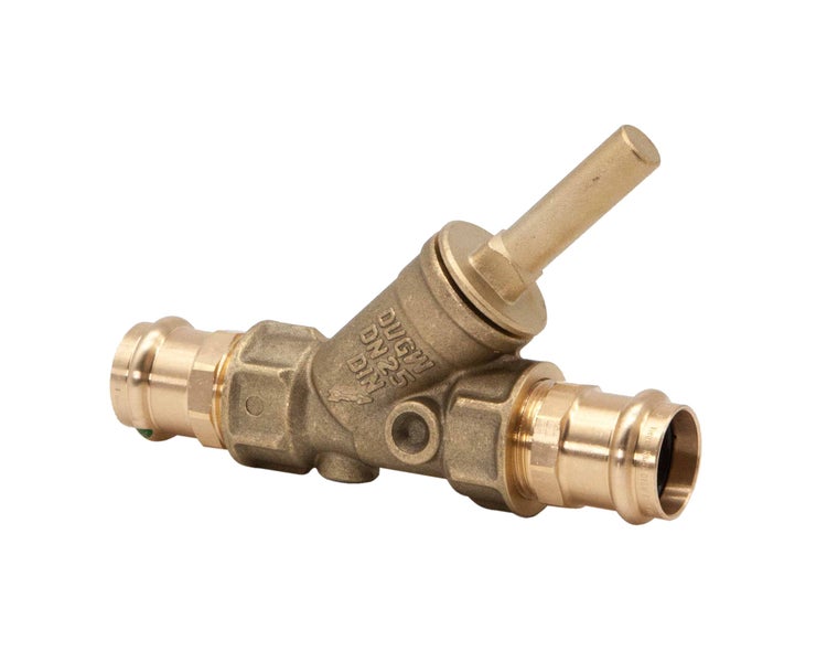 Viega Schrägsitzventil aus Messing mit Pressanschluss, Nennweite 25, für Trinkwasserinstallationen.