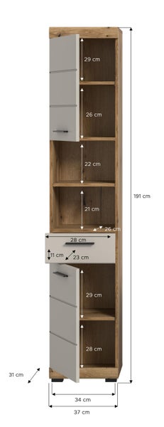 Badezimmer mit Waschtisch, Spiegelschrank, Hochschrank und Kommode in hellem Holzdekor