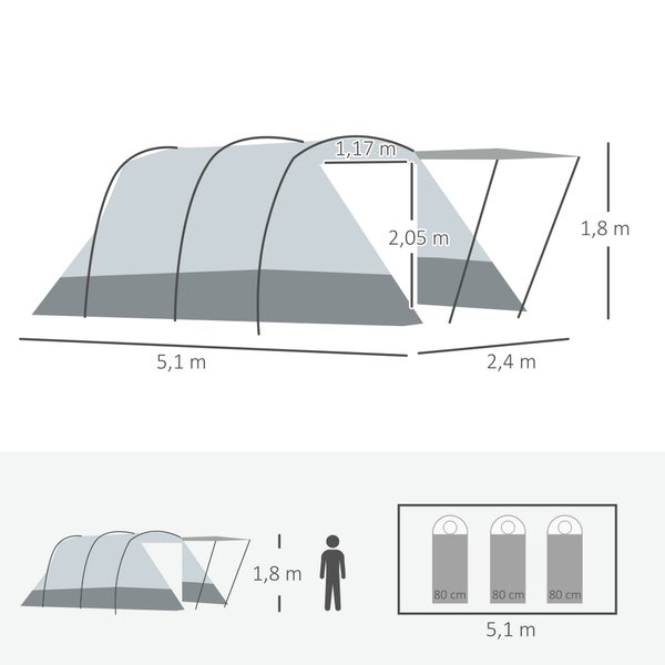 Outsunny Campingzelt für 8 Personen, mit Schlafkabine, 510L x 240B x 180H cm, PE, Polyester, Fiberglas, Grau
