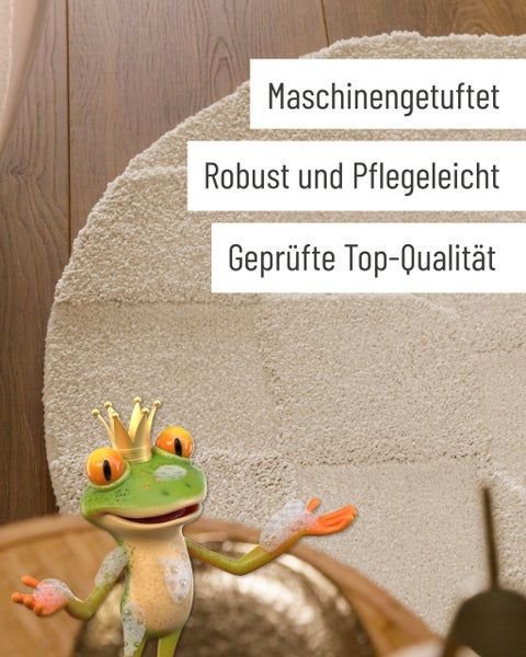 Beiger maschinengetufteter Teppich, robust und pflegeleicht, geprüfte Top-Qualität.