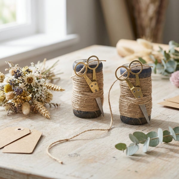 Zwei Garnrollen aus Holz mit Bastelschnur und Metallschere auf einem Holztisch, dekoriert mit Trockenblumen und Geschenkanhängern.