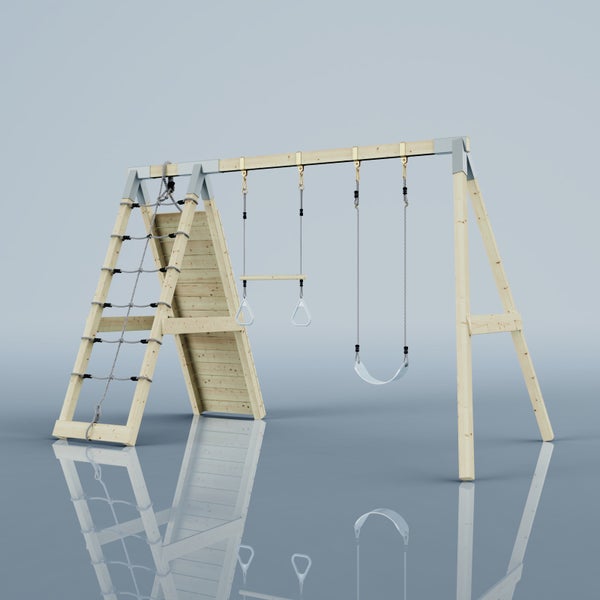 Spielgerüst aus Holz mit Schaukel, Kletternetz, Kletterwand und Trapez mit Ringen.