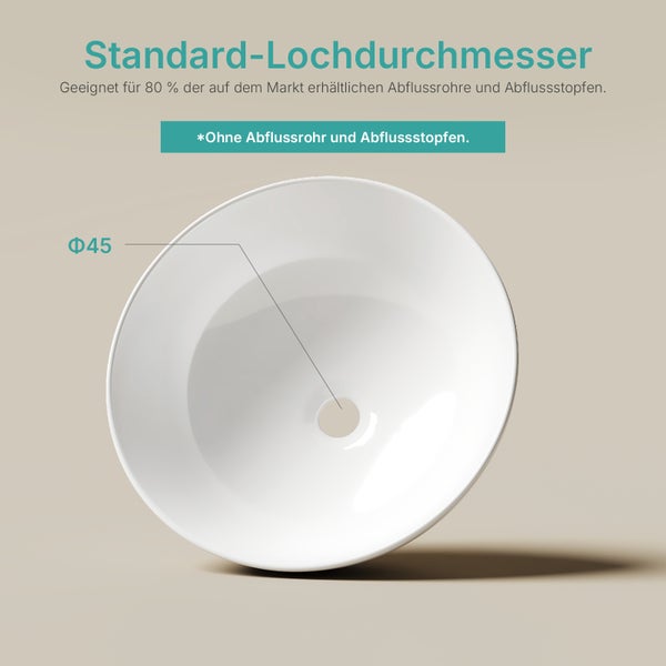Rundes Aufsatzwaschbecken aus weißer Keramik mit einem Standard-Abflusslochdurchmesser von 45 Millimetern.