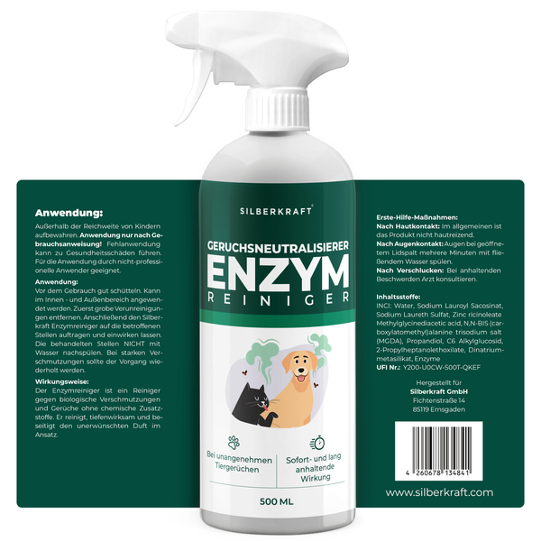 Silberkraft Enzymreiniger Spray 500 ml, Starker Geruchsentferner, Fertige Lösung gegen Hundeurin und Katzenurin, Geruchsneutralisierer sofort wirksam – Ideal für Katzenklos, Teppiche, Sofas und viel mehr