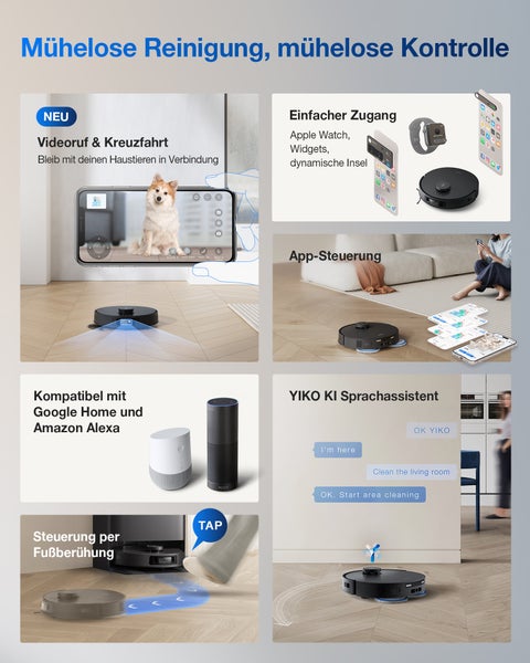 Szenenbild von einem Staubsaugerroboter mit verschiedenen Steuerungsmöglichkeiten wie App Steuerung, Sprachsteuerung und Steuerung per Fußberührung.