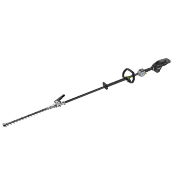 Akku-Stab-Heckenschere mit verstellbarem Schneidkopf und Teleskopstiel.