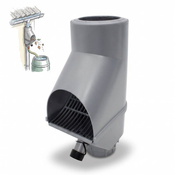 Regenwasserfilter für Fallrohr mit Laubfanggitter und Anschluss für Regenfass inklusive Installationsskizze.