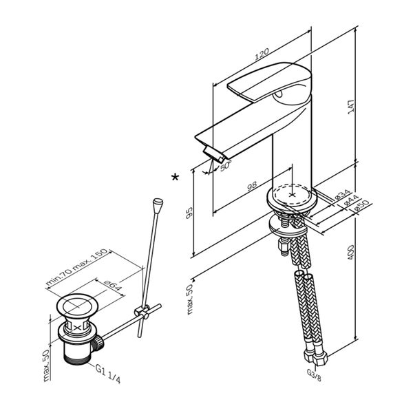 Technische Zeichnung einer Waschtischarmatur mit Ablaufgarnitur und Maßangaben