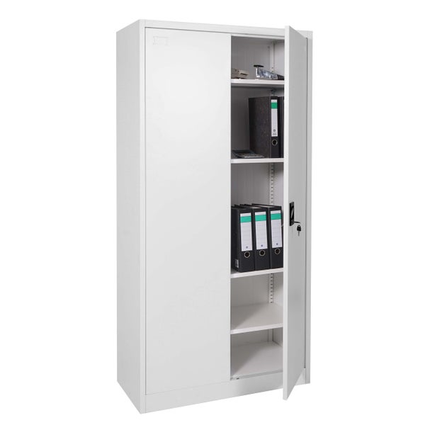 Stahlschrank mit mehreren Regalböden und Ordnern