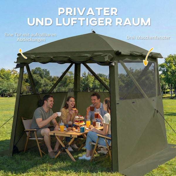 Gartenpavillon mit aufrollbarer Tür und drei Netzfenstern, in dem vier Personen an einem Klapptisch auf einer Wiese speisen.