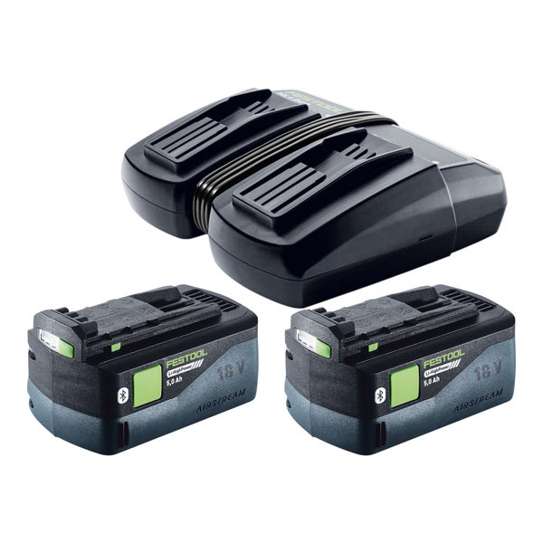 Festool Energie-Set mit zwei 18 Volt Bluetooth Lithium-Ionen Akkus 5,0 Amperestunden Airstream und einem Doppel-Ladegerät.