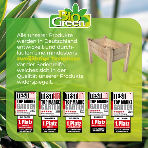 Bio Green Logo, Holzhochbeet. Entwicklung in Deutschland. TestBild Top Marke Garten 2020 bis 2024 für Umwelt, Design, Langlebigkeit im Winterschutz.