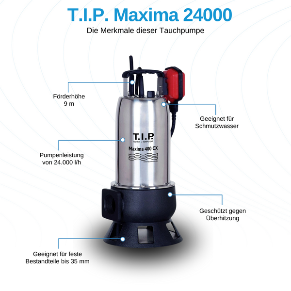 Tauchpumpe für Schmutzwasser mit einer Förderhöhe von 9 Metern und einer Pumpenleistung von 24000 Litern pro Stunde