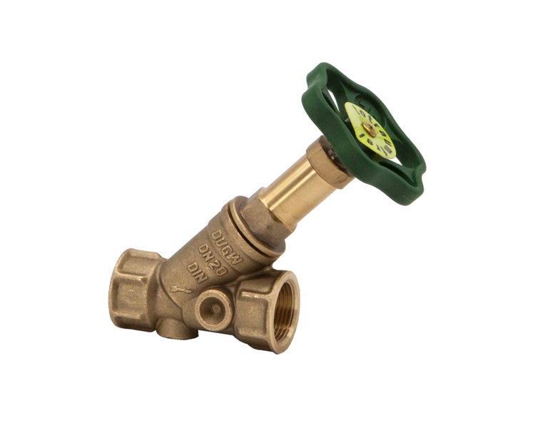Schrägsitzventil aus Messing mit grünem Handrad.