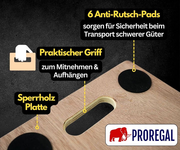 Rollbrett aus Sperrholz mit sechs Anti-Rutsch-Pads und praktischem Tragegriff. PROREGAL Logo.