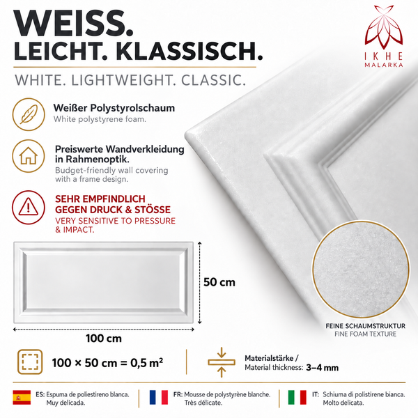 Wandpaneel aus Polystyrolschaum in Rahmenoptik mit den Maßen 100 mal 50 Zentimeter zur Wandverkleidung mit feiner Schaumstruktur.