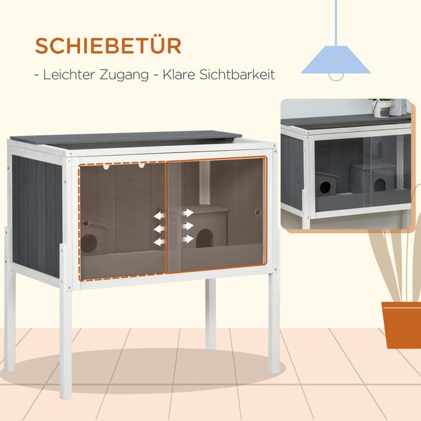 PawHut Hamsterkäfig aus Holz für Zwerghamster Nagerkäfig Kleintierkäfig mit 2 Hütten und Zubehör, groß Mäusekäfig Käfig 82 x 45 x 81 cm Grau