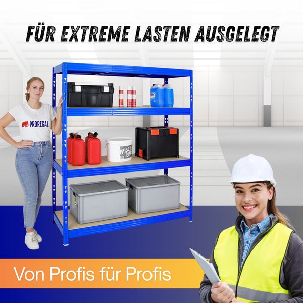 Blaues Proregal Schwerlastregal für extreme Lasten in einem Lager, beladen mit Werkzeugkoffern und Behältern, präsentiert von Fachpersonal.