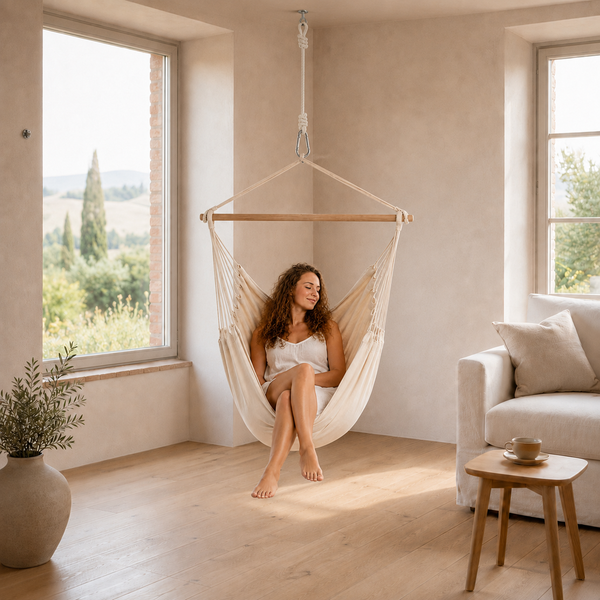 Hängesessel aus Stoff mit Holzstab in einem hellen Wohnzimmer mit Holzboden, Sofa und Ausblick in die Natur.