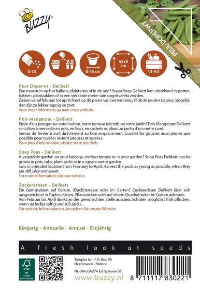 Buzzy Logo, Abbildung der Anbaubeschreibung und FSC Mix Verpackungs Siegel für Zuckererbsen Delikett