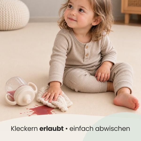 Kleinkind wischt verschüttetes Getränk von einem leicht zu reinigenden Bodenbelag auf, Text besagt Kleckern erlaubt einfach abwischen