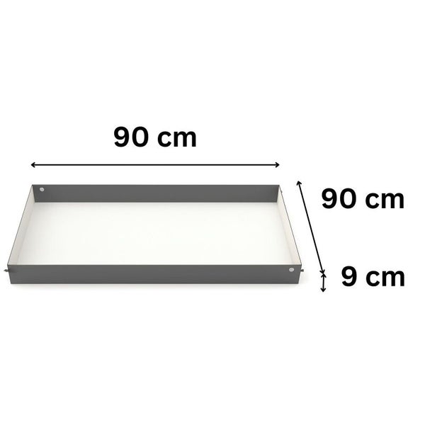 Quadratische Wanne mit den Maßen 90 Zentimeter mal 90 Zentimeter und einer Höhe von 9 Zentimeter.