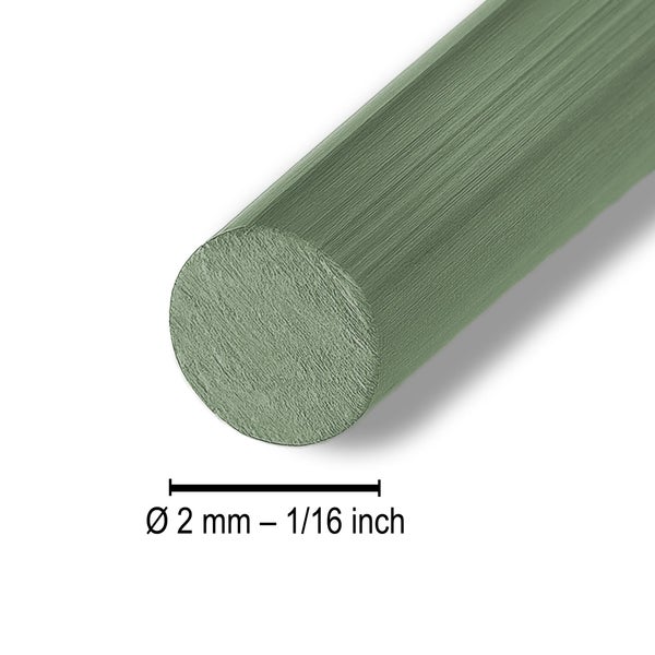Grüner Rundstab aus Kunststoff mit einem Durchmesser von 2 Millimeter oder 1/16 Zoll.