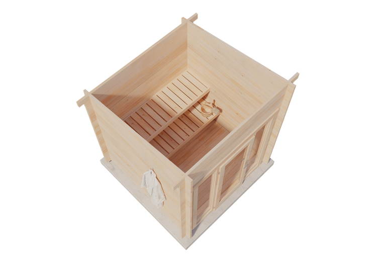 Gartensauna aus hellem Holz mit Pultdach, Glastür und zwei hohen Fensterfronten.