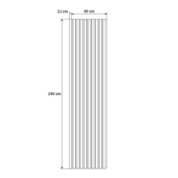 Technische Zeichnung eines Wandpaneels mit Lamellenoptik Maße 240 Zentimeter Höhe 40 Zentimeter Breite 2,1 Zentimeter Tiefe