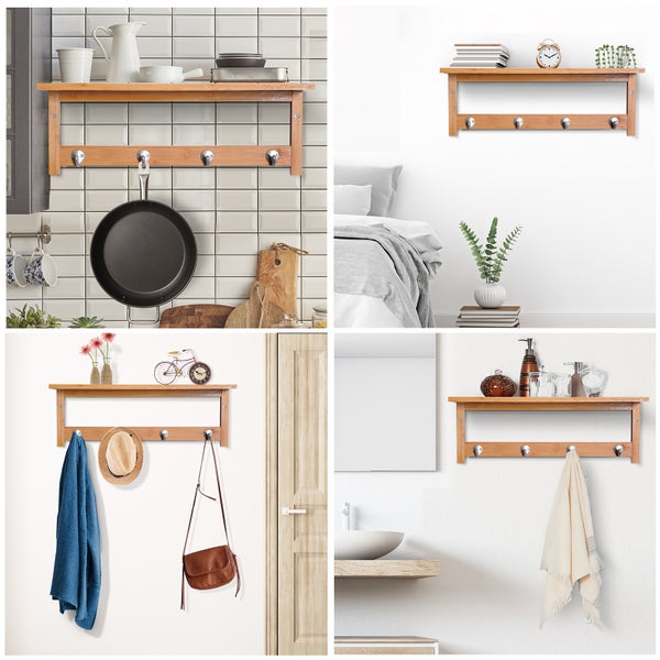 HOMCOM Wandgarderobe Garderobe mit 4 Haken Ablage, Wandmontage platzsparend Garderobenpaneel 5 kg belastbar, für die Wand Flur Schlafzimmer 50 x 16 x 17,5 cm Naturholz