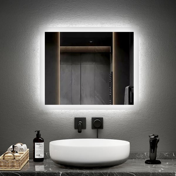 EMKE LED Badspiegel 60×50 cm, Warmweiß/Kaltweiß, seitlicher Kippschalter, beschlagfrei, mattierter Rand, IP44, für Badezimmer